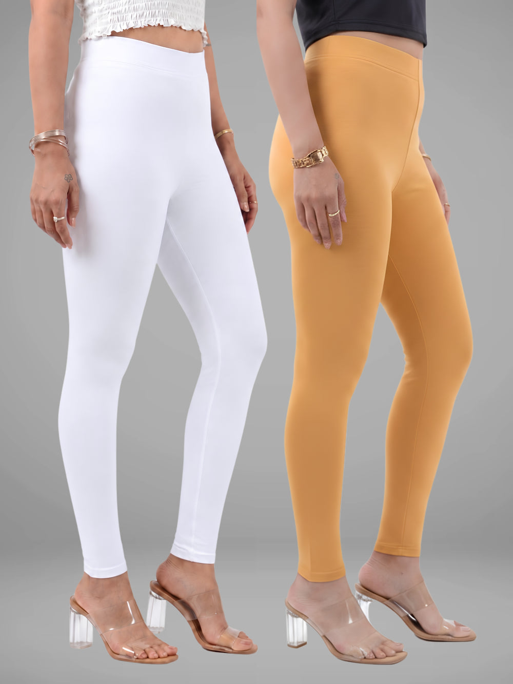 Glide-Ankle-Length-Leggings-Pack-of-2 - white-,-beige