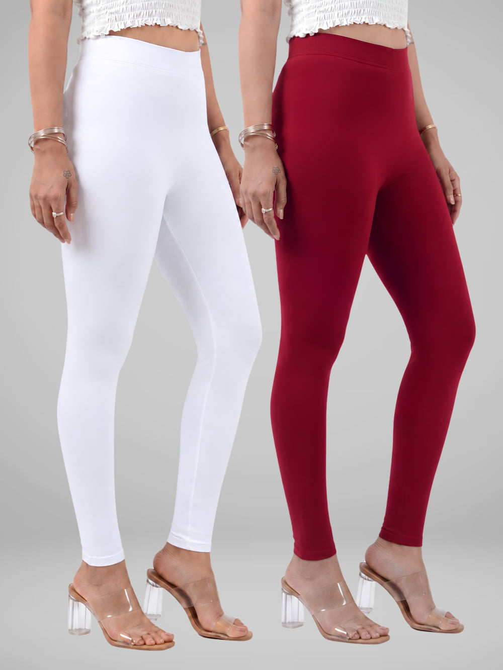 Glide-Ankle-Length-Leggings-Pack-of-2 - white-,-maroon