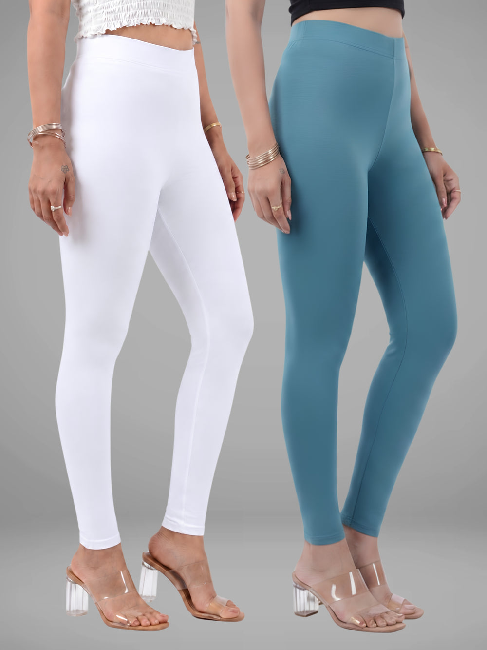 Glide-Ankle-Length-Leggings-Pack-of-2 - white-,-teal