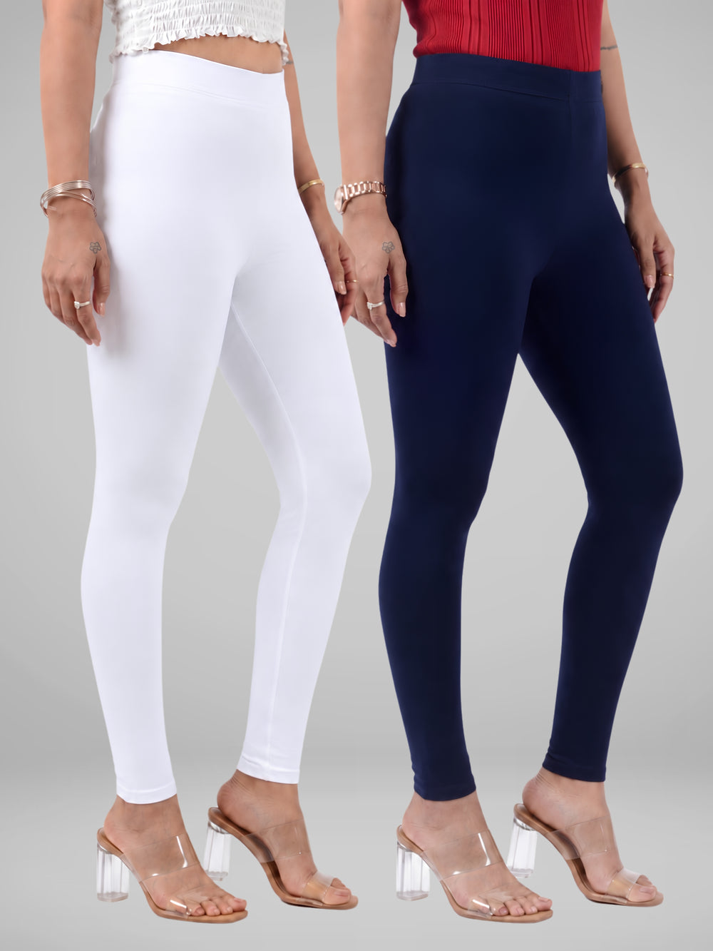Glide-Ankle-Length-Leggings-Pack-of-2 - white-,-navy-blue