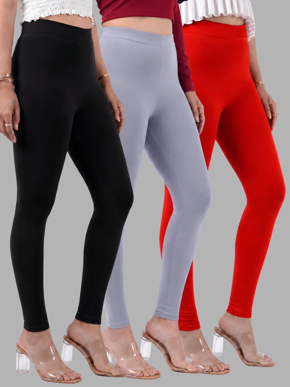 Glide-Ankle-Length-Pack-of-3-Leggings - Black-,-Red-,-Steel Grey