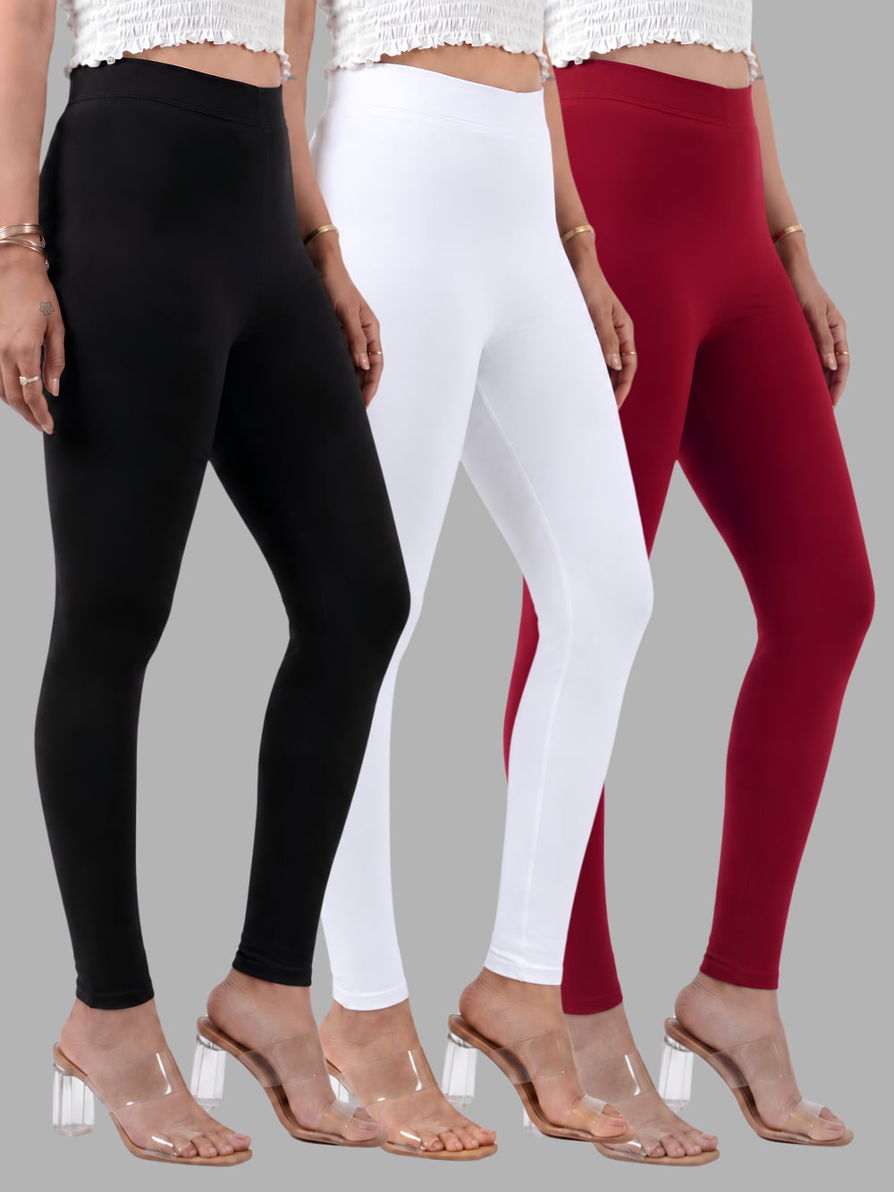 Glide-Ankle-Length-Pack-of-3-Leggings - Black-,-White-,-Maroon