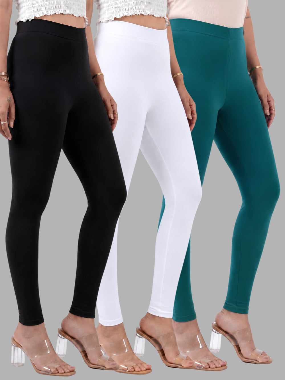 Glide-Ankle-Length-Pack-of-3-Leggings - Black-,-White-,-Dark Blue Green