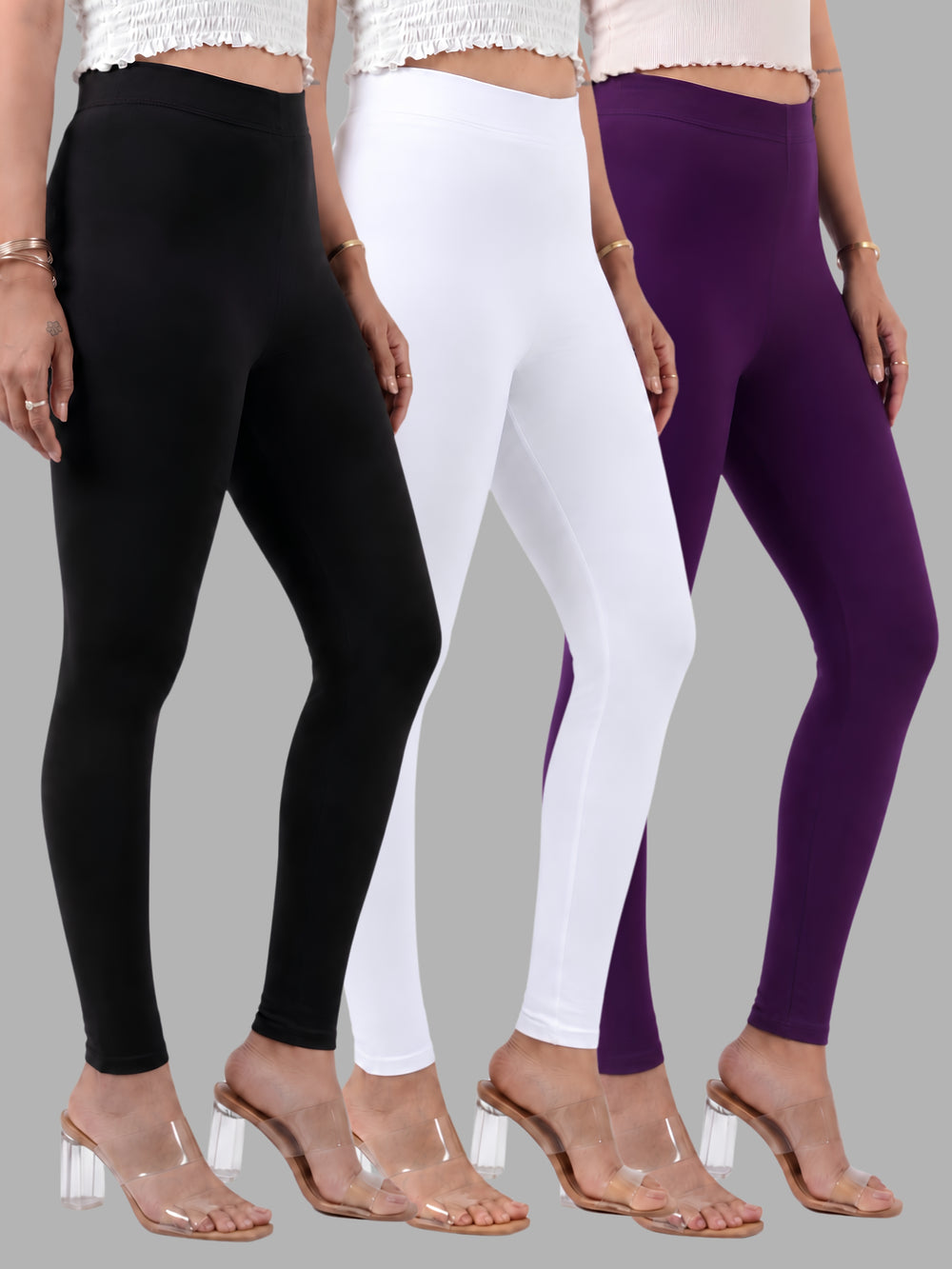 Glide-Ankle-Length-Pack-of-3-Leggings - Black-,-White-,-Wine