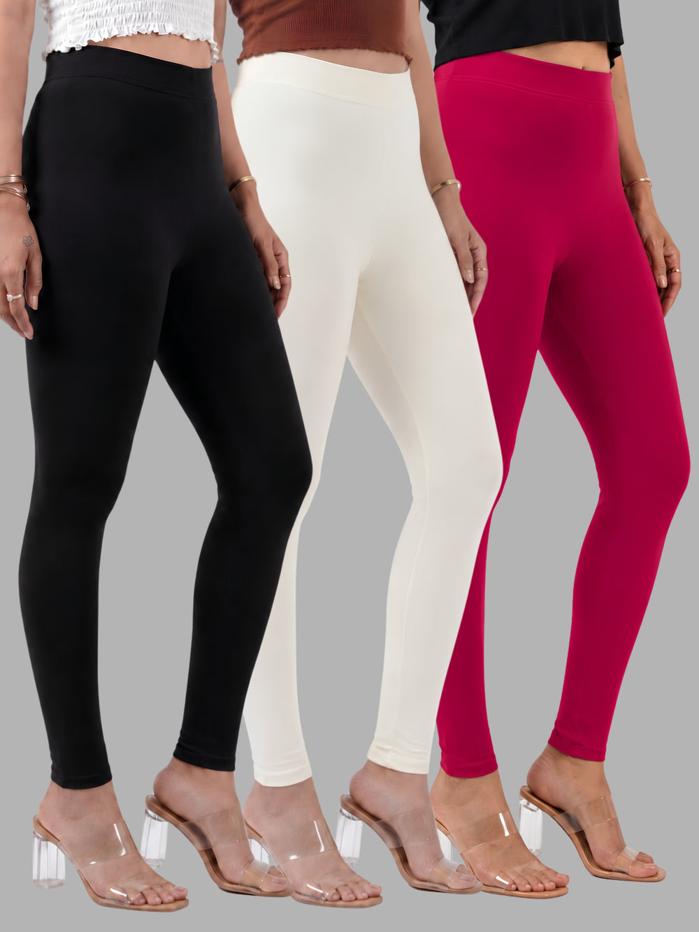 Glide-Ankle-Length-Pack-of-3-Leggings - Black-,-Pale Silver-,-Rani Pink