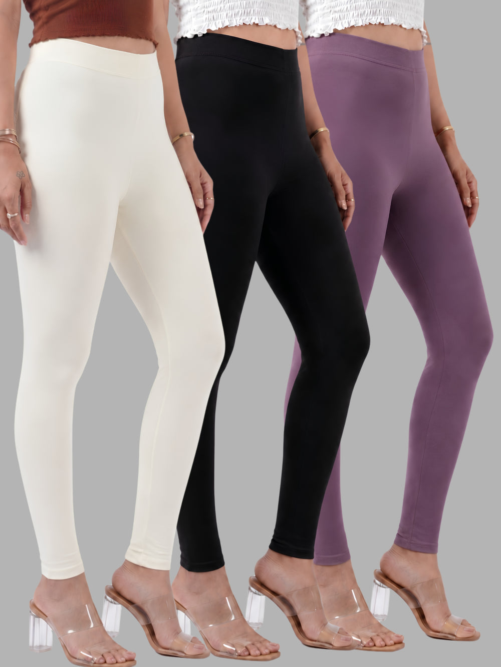 Glide-Ankle-Length-Pack-of-3-Leggings - Black-,-Pale Silver-,-Plum Purple