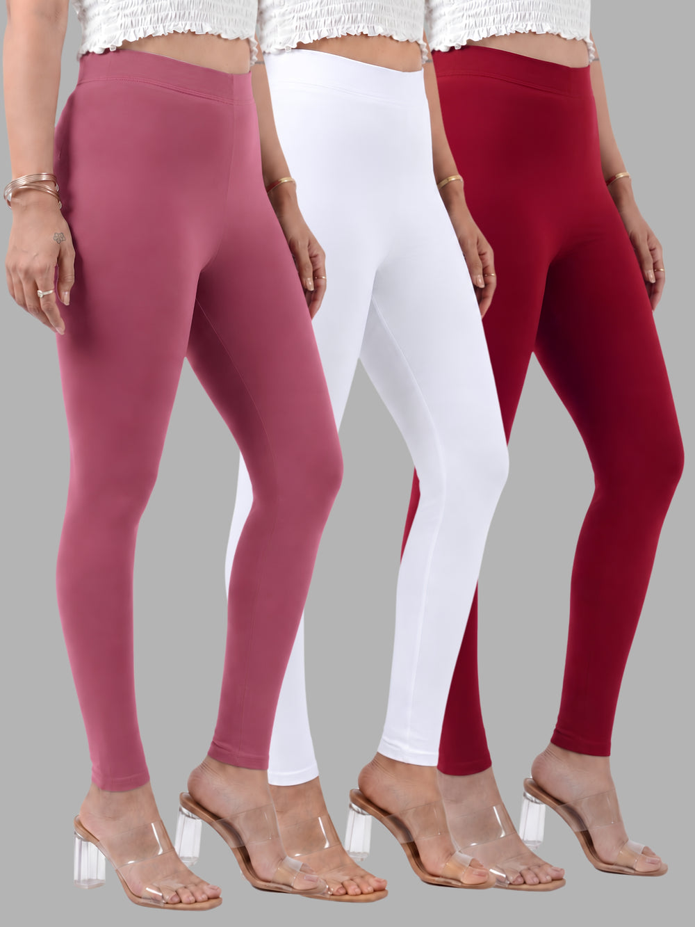 Glide-Ankle-Length-Pack-of-3-Leggings - White-,-Maroon-,-Light Burgundy