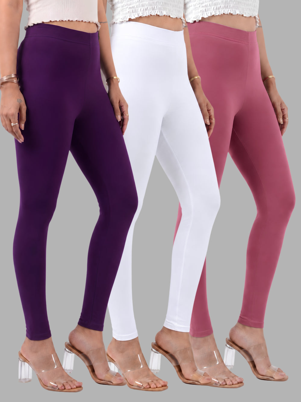Glide-Ankle-Length-Pack-of-3-Leggings - White-,-Wine-,-Light Burgundy